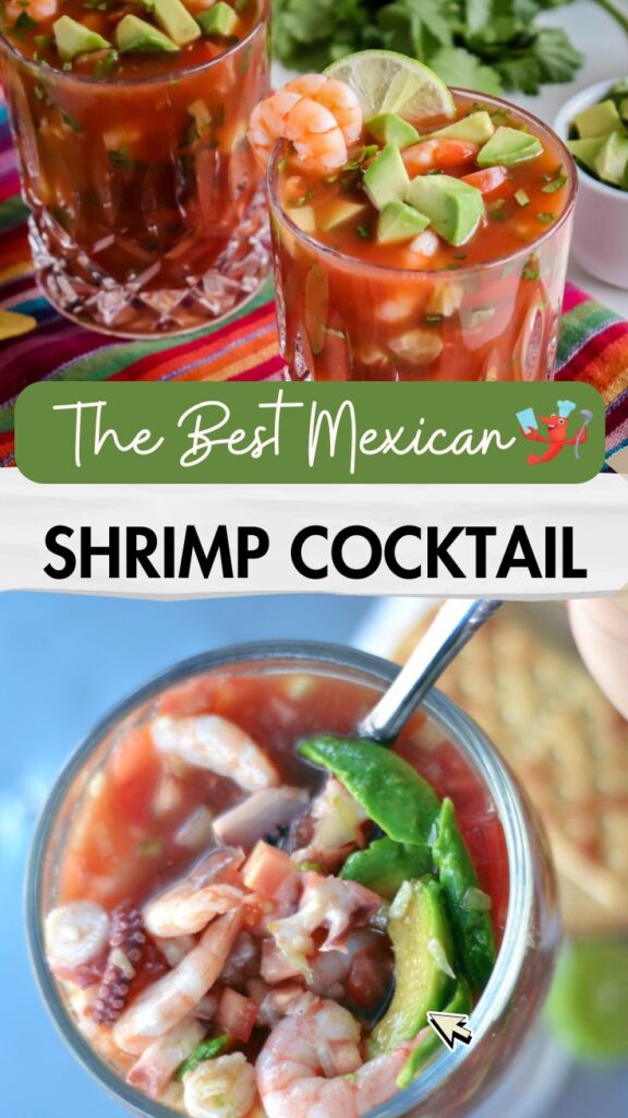 easy mexican shrimp cocktail served in served in a glass topped with diced avocado and lemon wedges