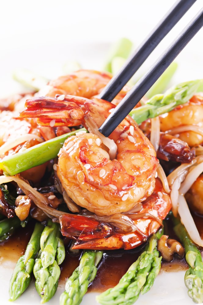 Teriyaki Shrimp served with asparagus