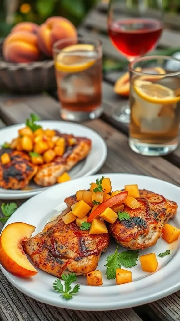 BBQ chicken thighs topped with peach salsa on a plate