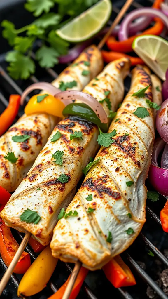 Cilantro lime fish skewers with bell peppers on a grill