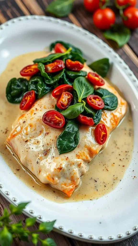 Creamy Garlic Tuscan Salmon with spinach and cherry tomatoes served on a plate