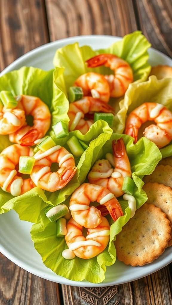 A fresh creamy shrimp salad served in lettuce leaves with green onions and crackers on the side.