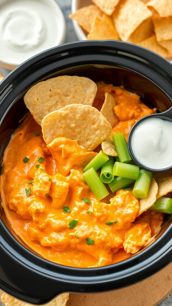 A serving of creamy and spicy Buffalo chicken dip with tortilla chips, celery, and ranch dressing.