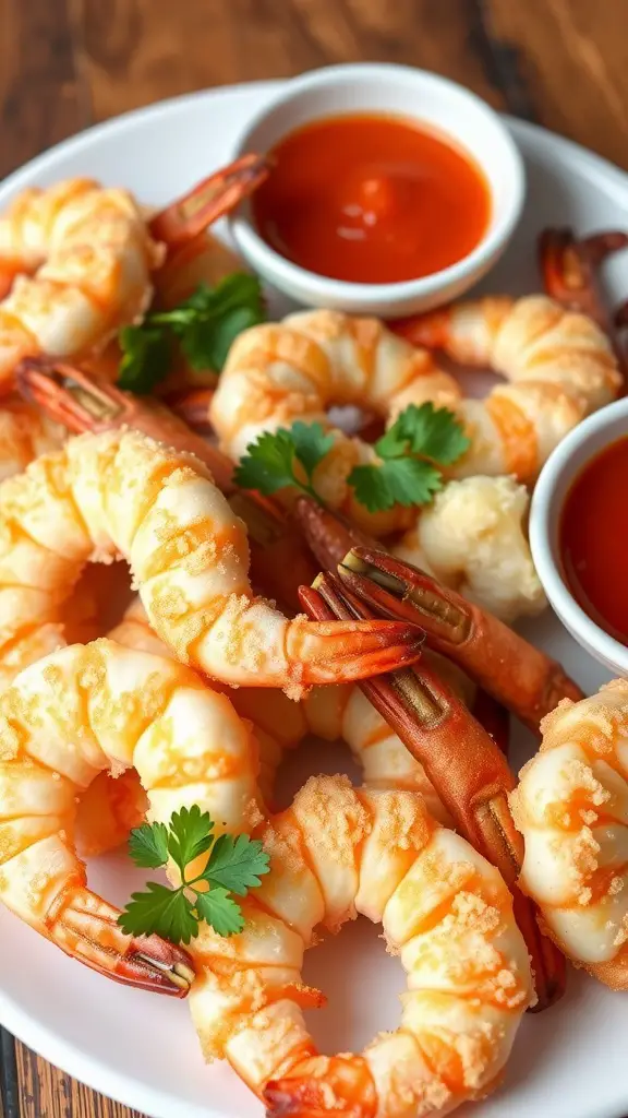 Crunchy breaded butterfly shrimp served with dipping sauces and garnished with fresh herbs.