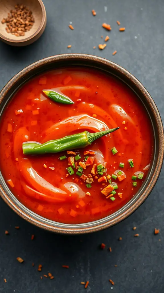 A bowl of Fiery Sriracha BBQ Sauce garnished with green chilies and chopped herbs.
