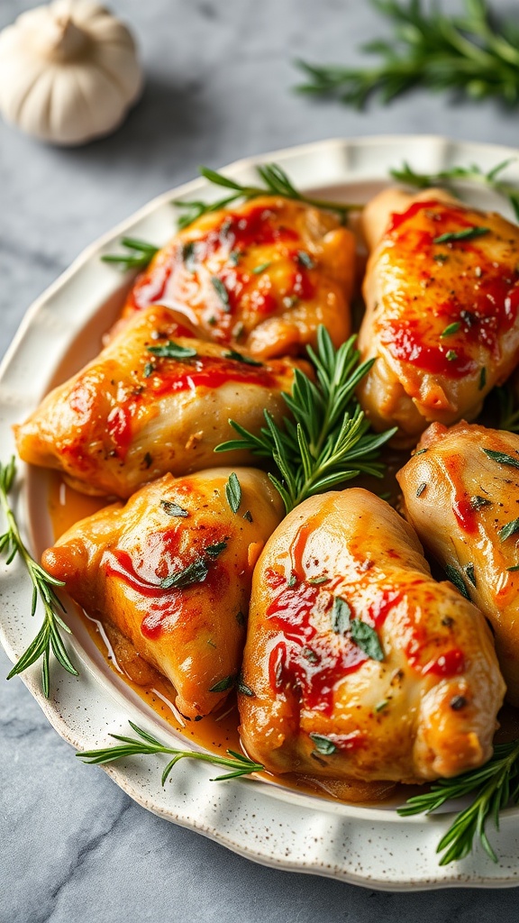 Grilled chicken thighs garnished with rosemary and garlic