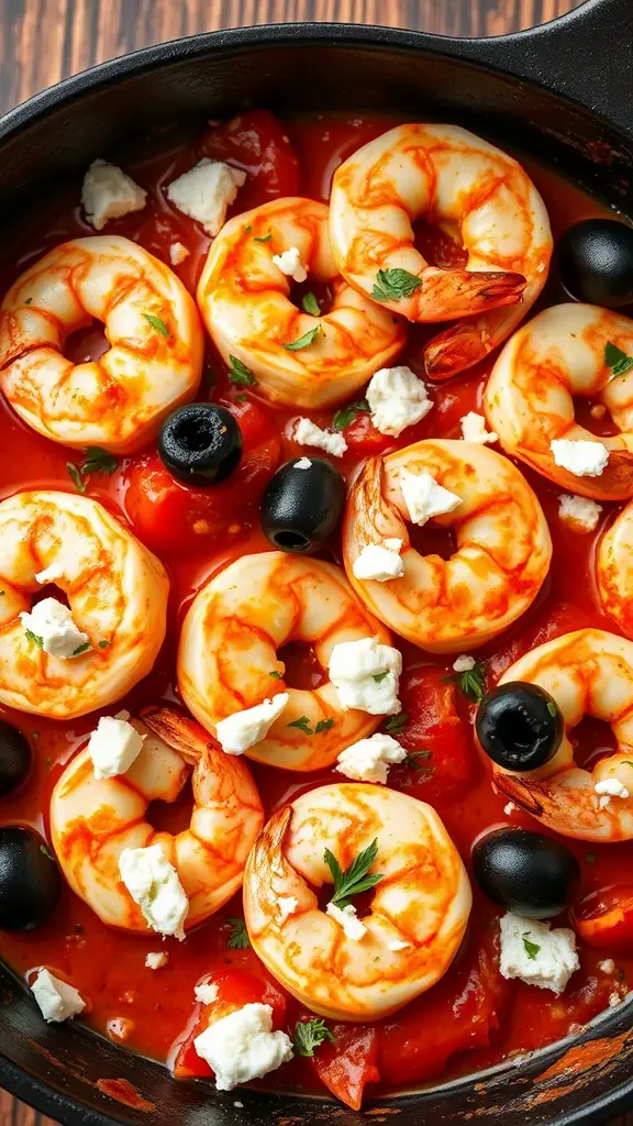 A delicious baked shrimp and feta dish with tomatoes and olives