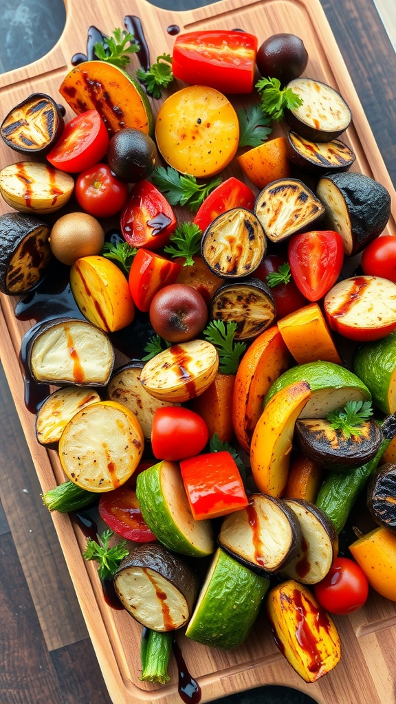A beautiful grilled vegetable platter with various vegetables and a balsamic glaze.