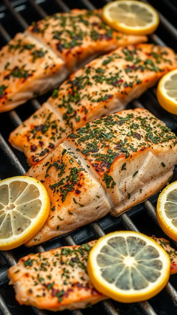 Grilled salmon filets with herbs and lemon slices