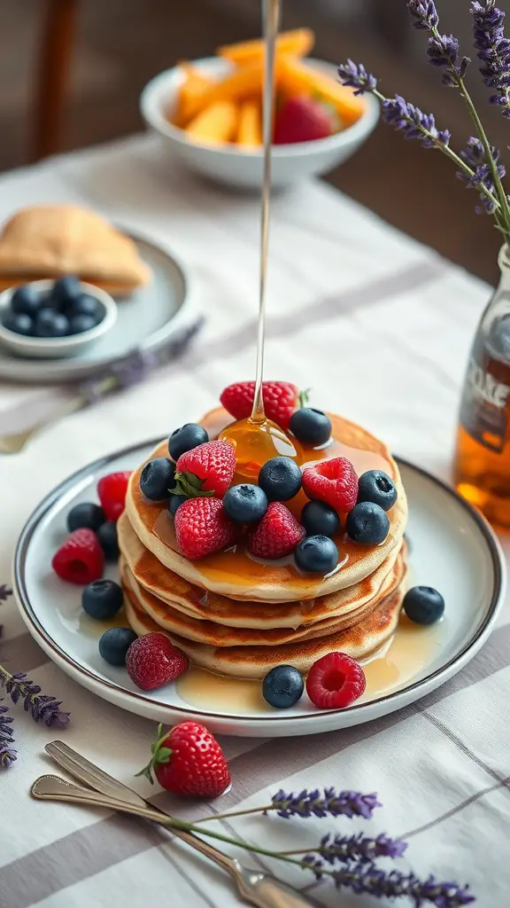 Stack of lavender honey pancakes topped with fresh berries and honey drizzle.