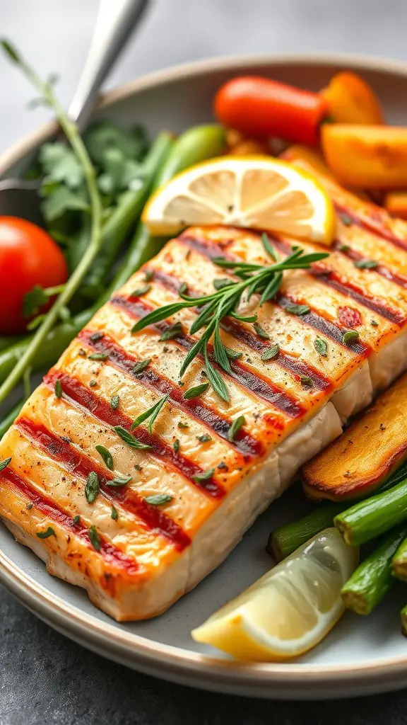 Grilled salmon fillet with lemon and herbs served with vegetables
