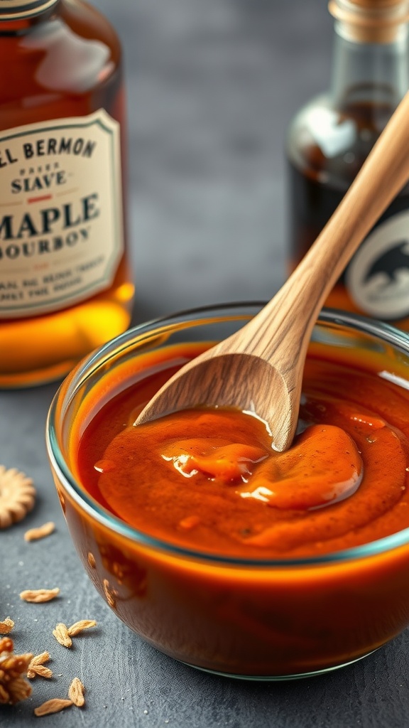 A bowl of homemade Maple Bourbon BBQ Sauce with ingredients around it.