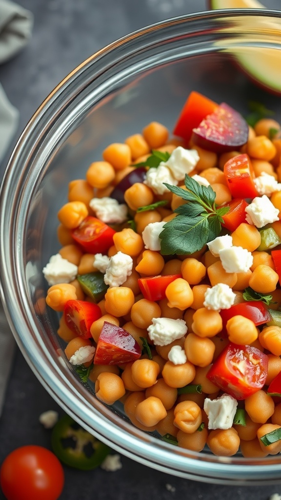 A bowl of Mediterranean Chickpea Salad with Feta, featuring chickpeas, cherry tomatoes, and fresh herbs