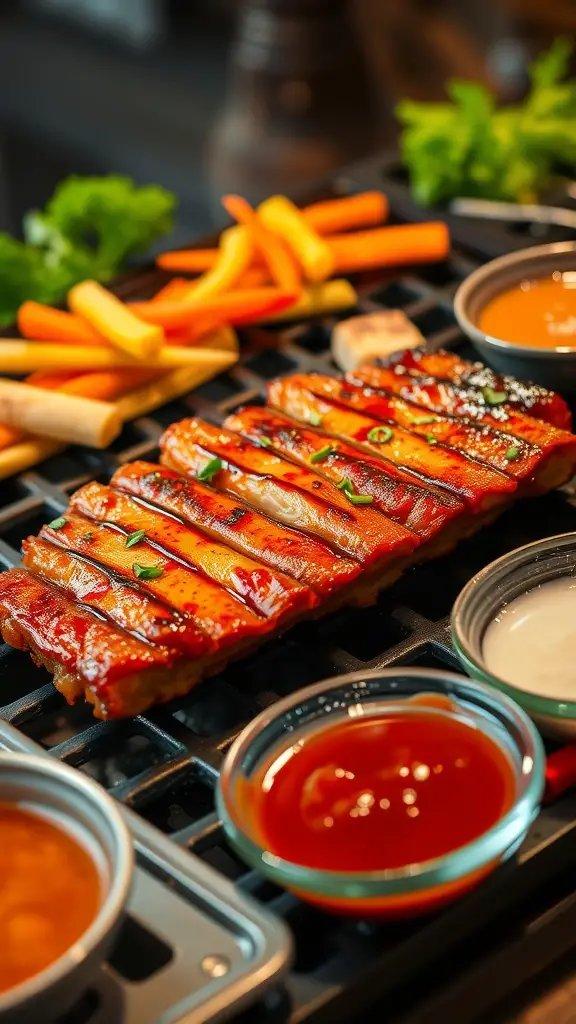 A plate of grilled spicy Korean BBQ pork belly with vegetables and sauces.
