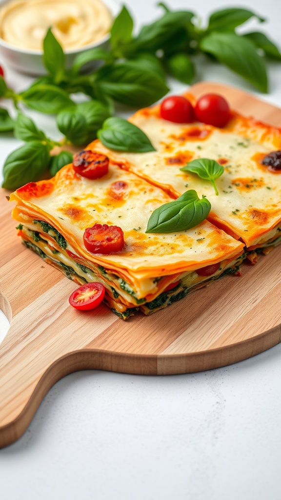 Vegetable lasagna with fresh basil and tomatoes on a wooden board.