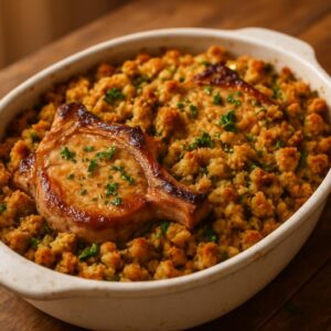 Pork Chop and Stuffing Casserole Baked to Perfection with Gravy