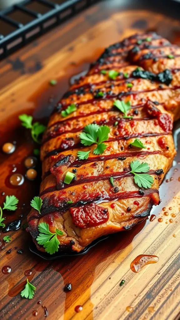 Juicy adobo marinated pork tenderloin garnished with herbs.