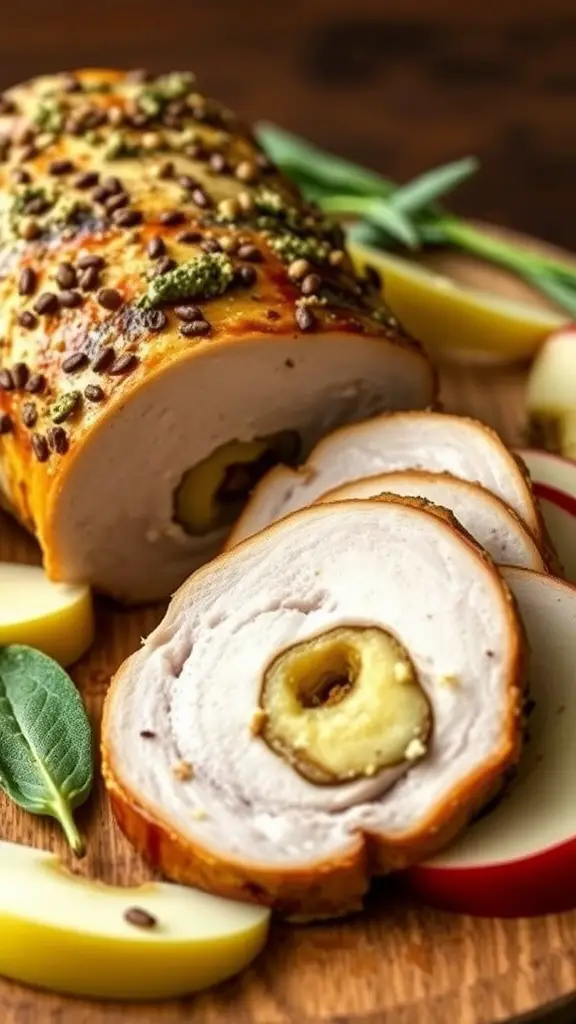 Apple and sage stuffed pork loin, sliced and presented with apple slices.