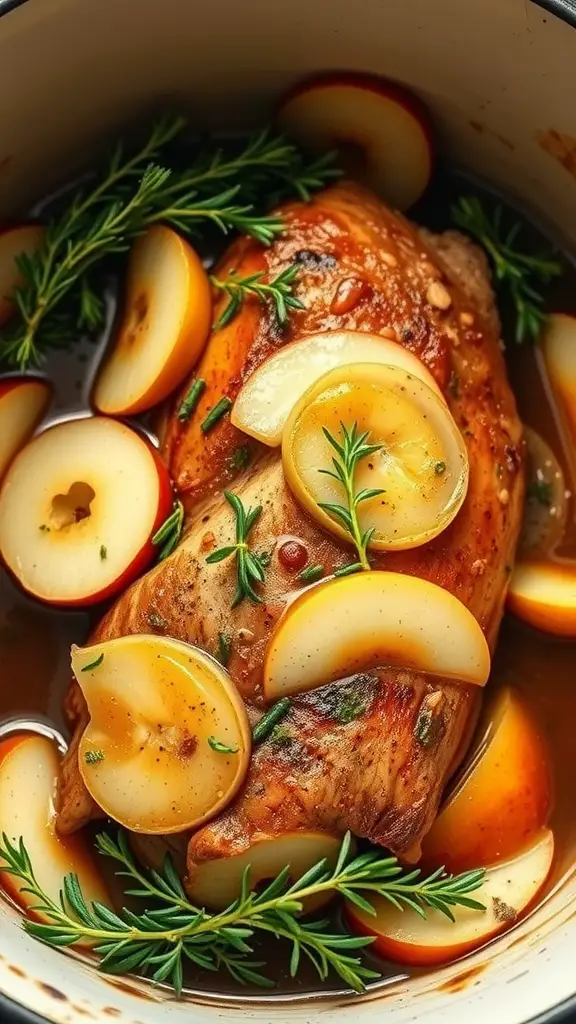 Apple cider braised pork loin with sliced apples and herbs
