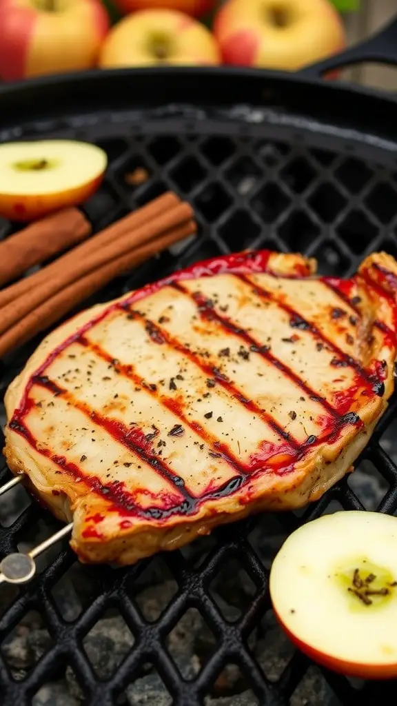 Grilled pork chops with apple slices and cinnamon sticks.