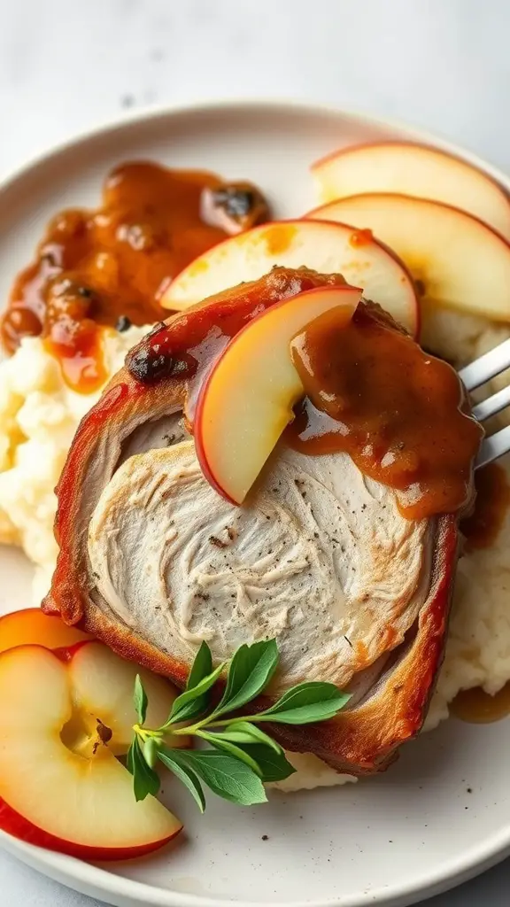 Delicious apple cider glazed pork chops served with mashed potatoes and fresh apple slices.