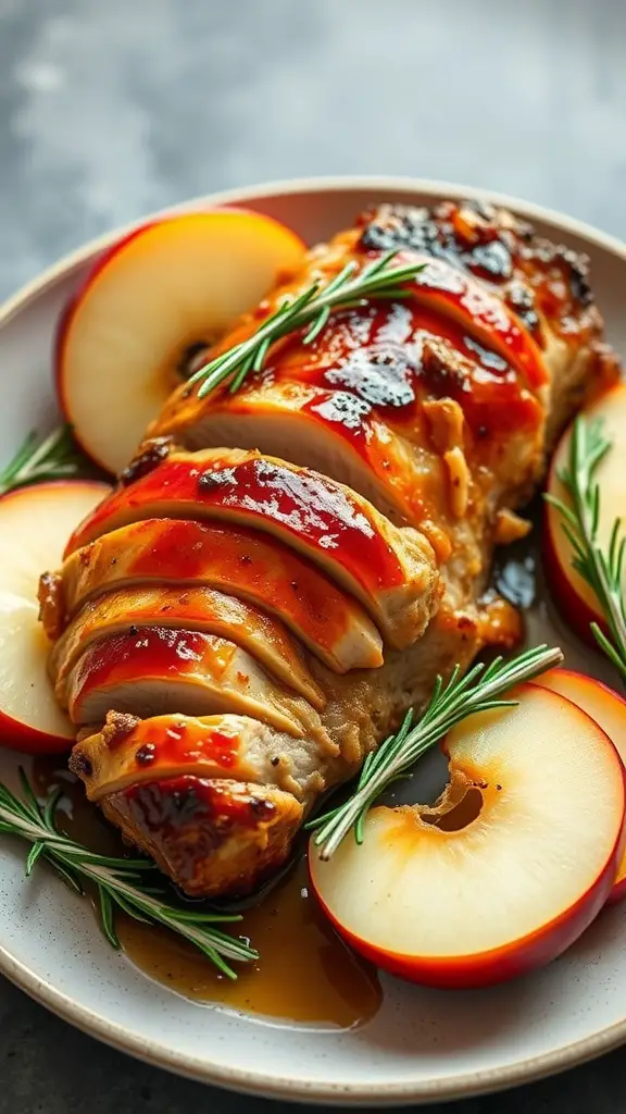 A succulent apple cider marinated pork loin garnished with fresh rosemary and served with apple slices.
