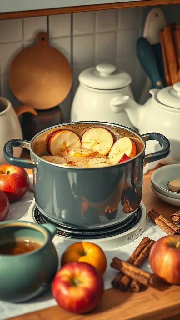 A pot simmering with sliced apples and cinnamon sticks, surrounded by fresh apples and kitchen utensils.