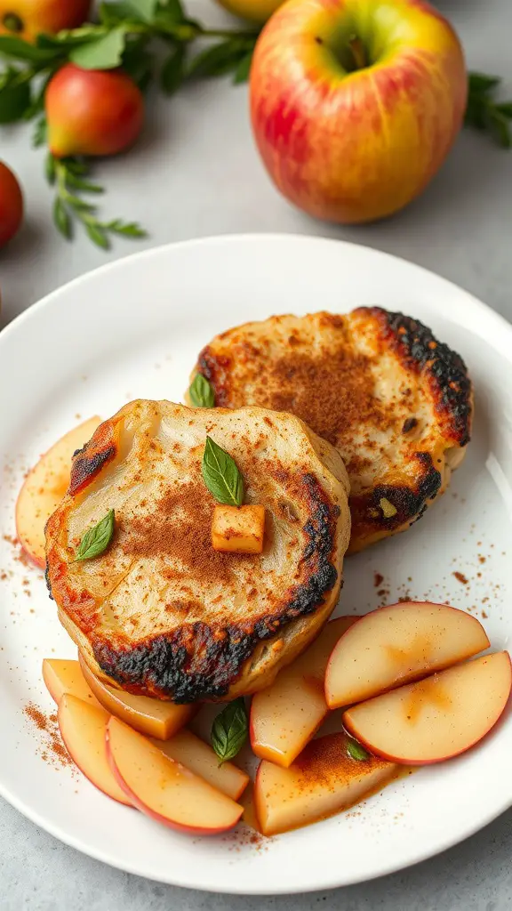 Plate of apple cinnamon pork chops served with sliced apples