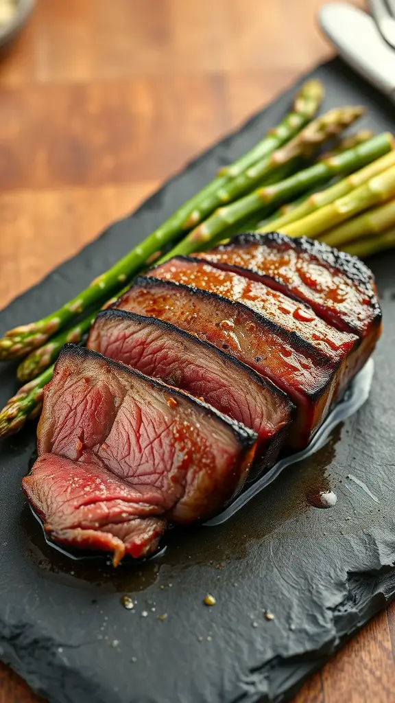 A plated Applewood Smoked Filet Mignon served with grilled asparagus.