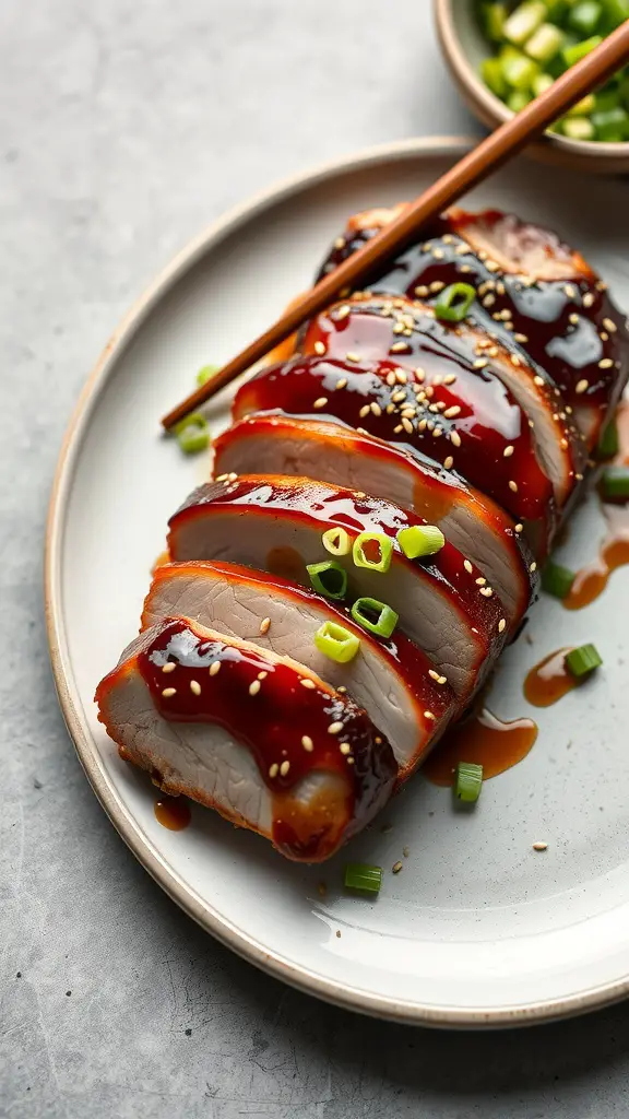 A beautifully glazed pork loin served with green onions and sesame seeds