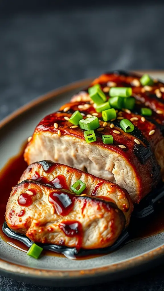 Grilled pork tenderloin garnished with green onions and sesame seeds.