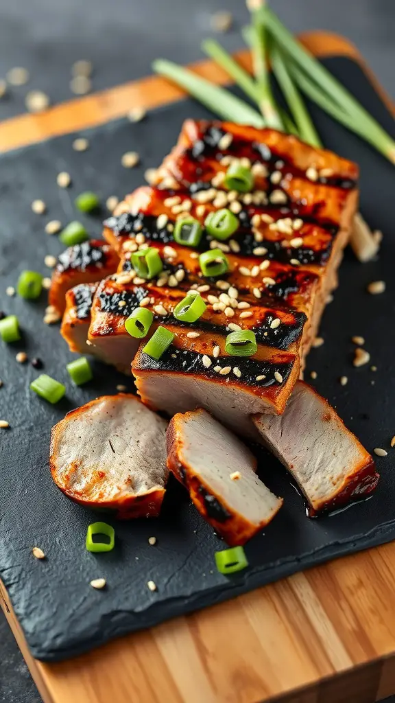Grilled pork tenderloin garnished with sesame seeds and green onions on a wooden board
