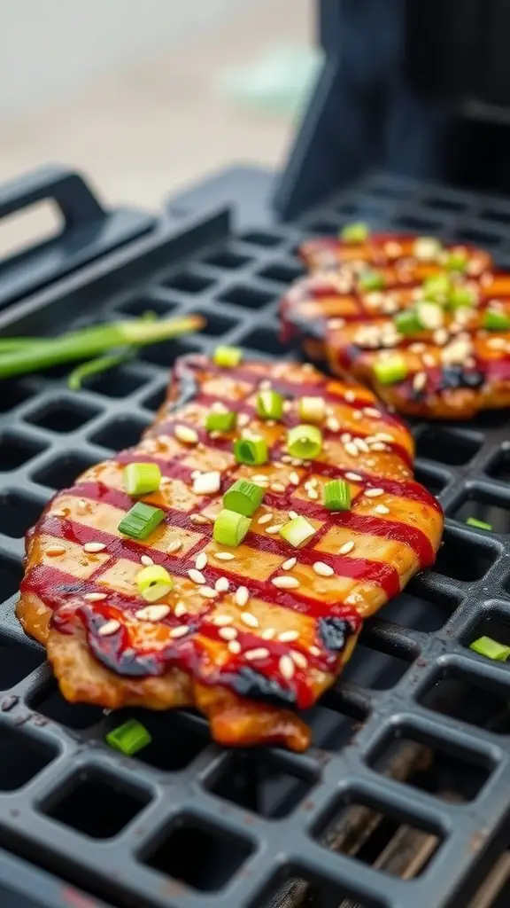 Grilled pork steaks with sesame seeds and green onions on a grill.