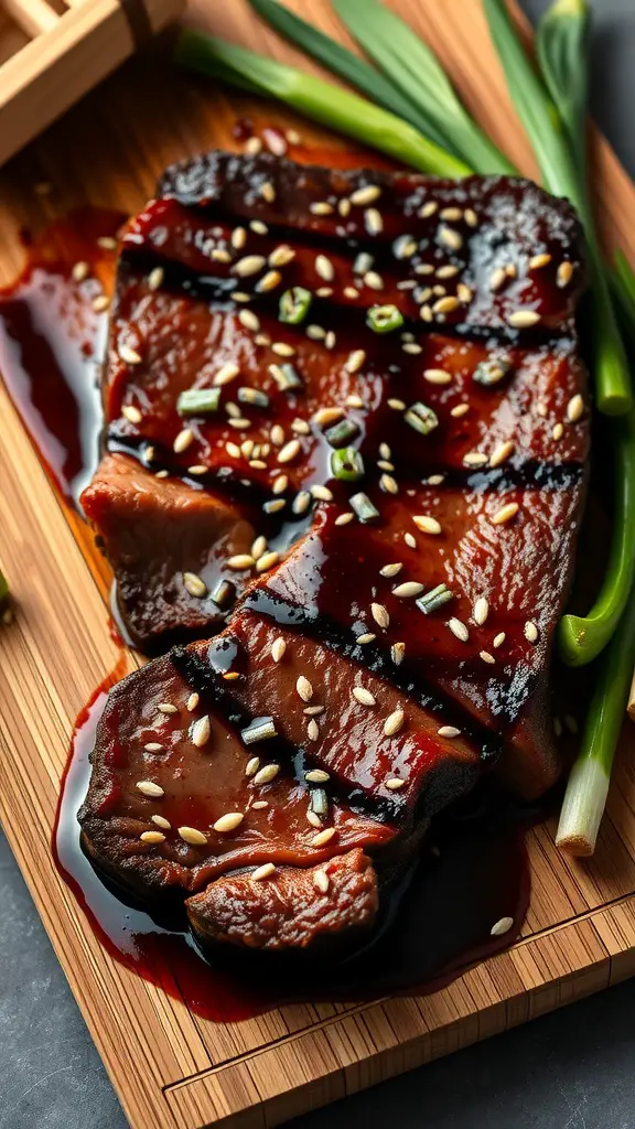 Asian-inspired skirt steak with a soy and ginger glaze garnished with green onions and sesame seeds.