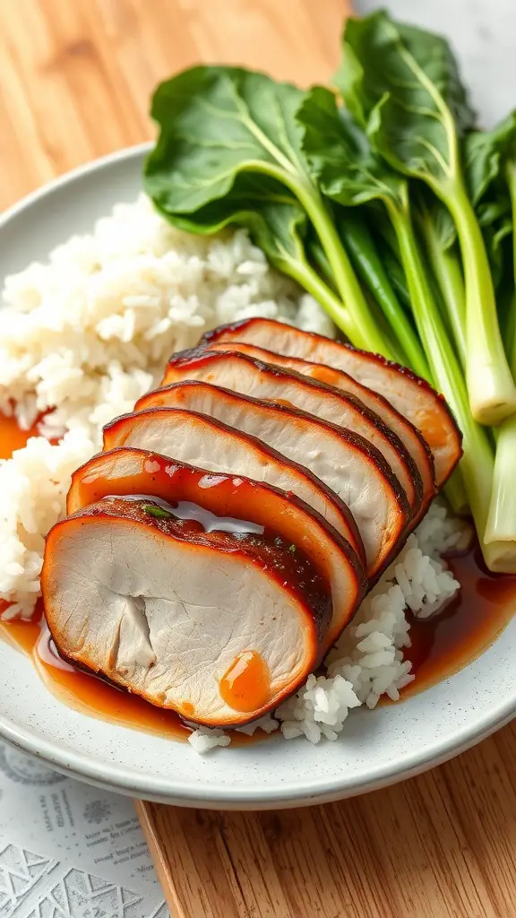 A plate of Asian-inspired soy and ginger pork loin served with rice and greens.