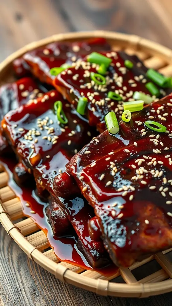 Sweet soy glazed ribs garnished with sesame seeds and green onions