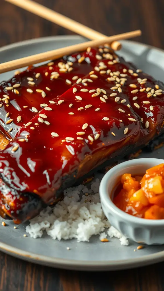 Asian glazed ribs topped with sesame seeds, served with rice and a side of sauce.