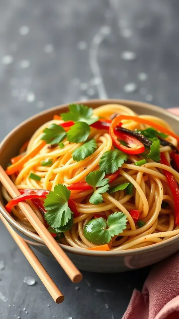 A delicious bowl of Asian Noodle Salad with colorful vegetables and sesame dressing.