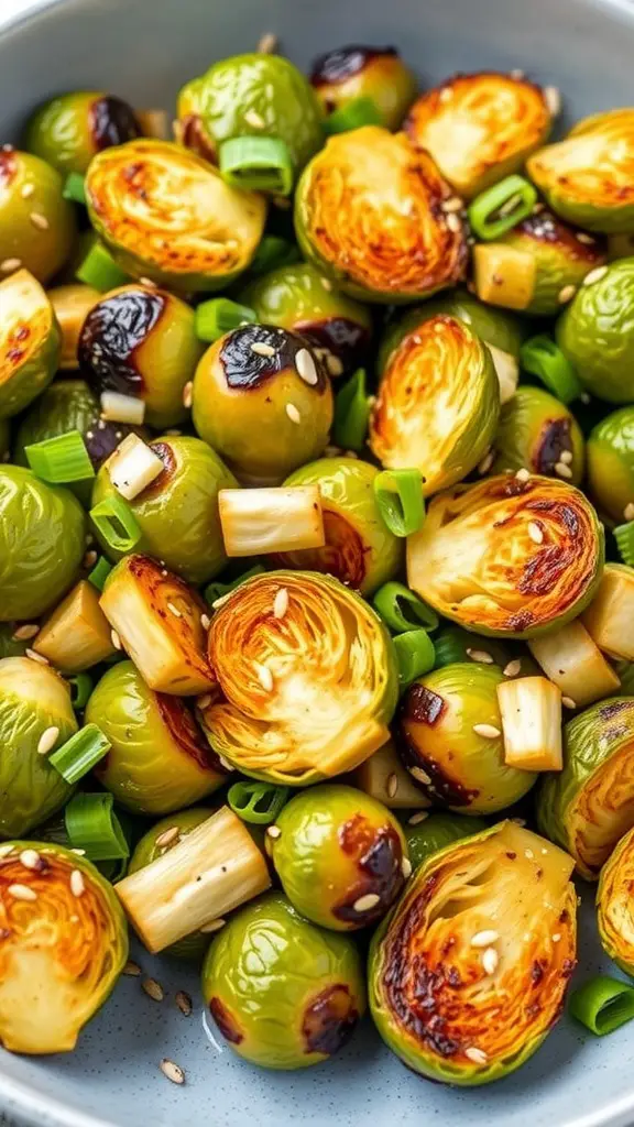 Delicious grilled Brussels sprouts with a sesame flavor, garnished with green onions and sesame seeds.