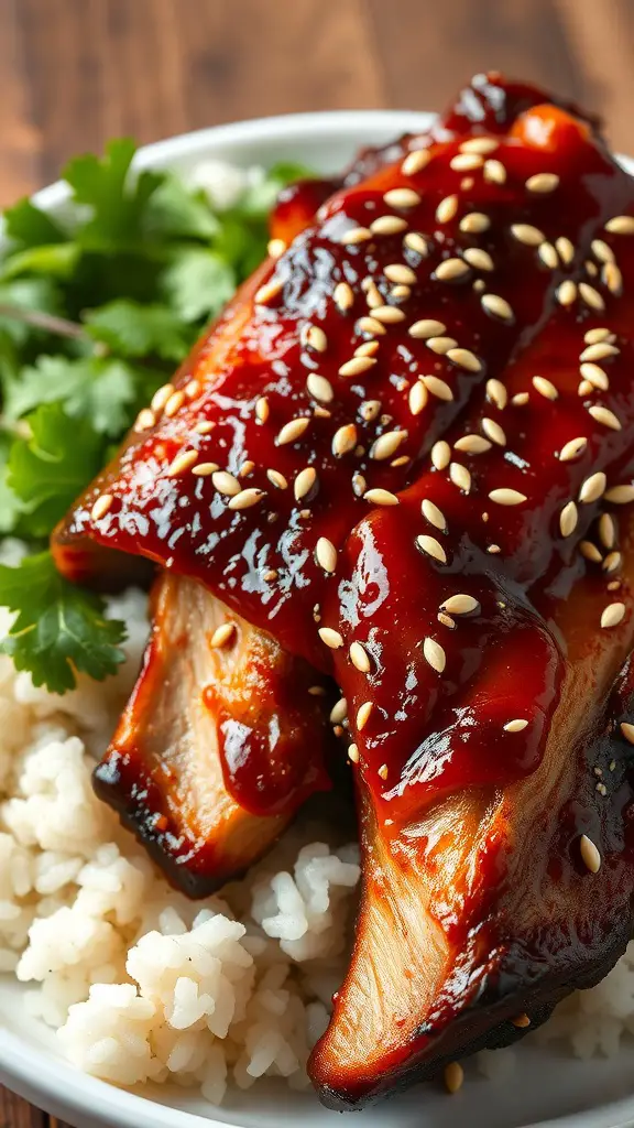 Delicious Asian sesame ribs served over rice with garnishes.