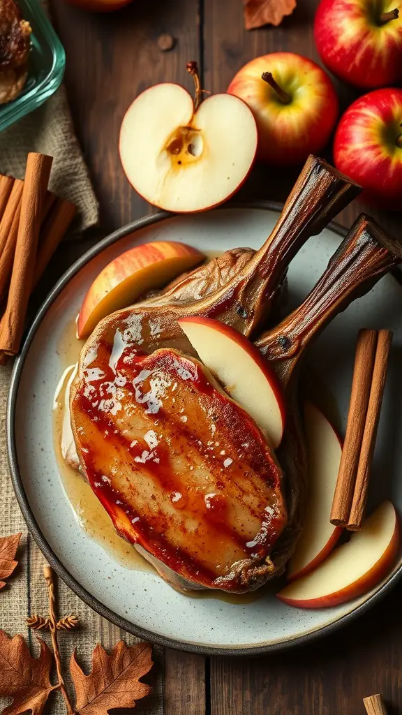 Plate of glazed pork chops with apple slices and cinnamon sticks.