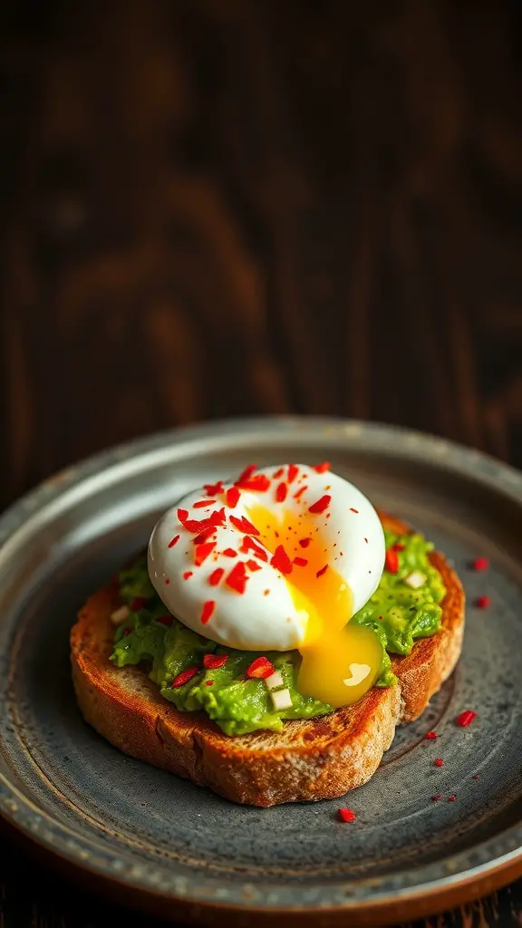 Delicious avocado toast topped with a poached egg and red pepper flakes.