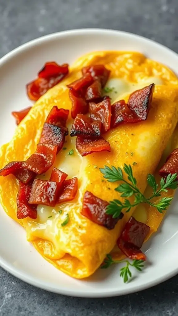 A delicious bacon and cheese omelette, garnished with parsley