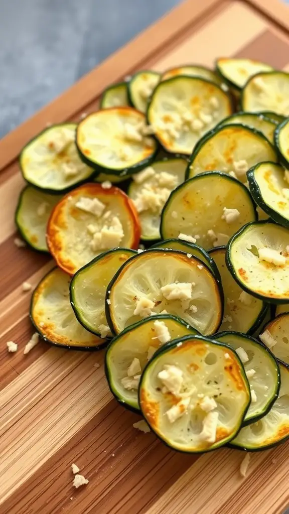 Baked Parmesan Zucchini Chips on a wooden board