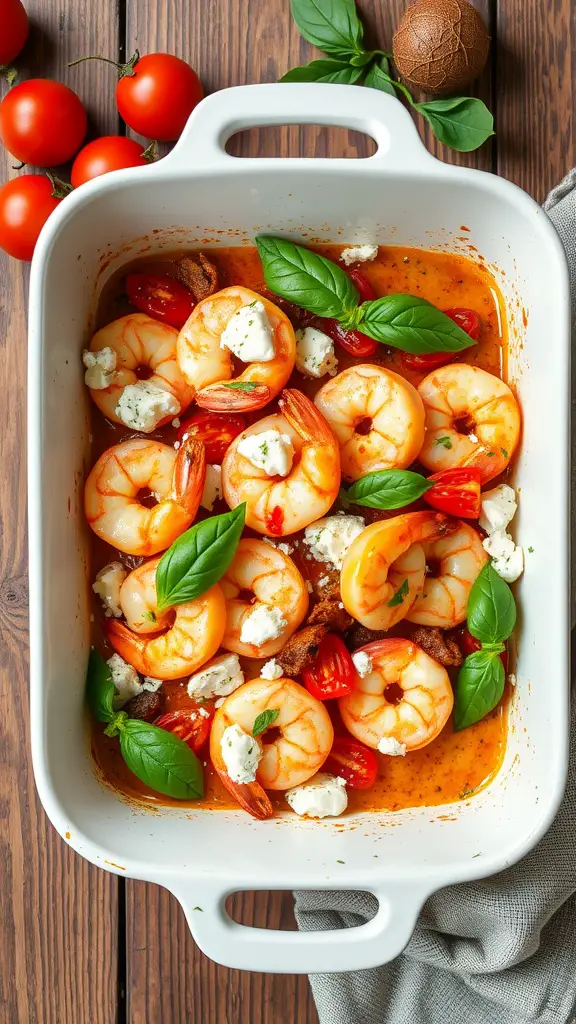 Baked shrimp with feta cheese and tomatoes in a white dish