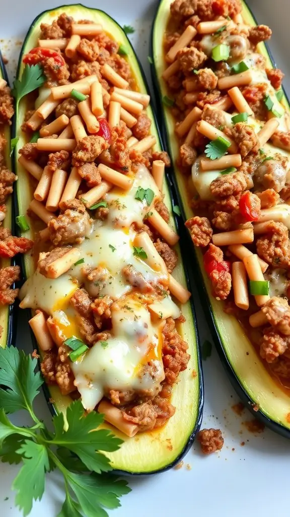 Baked stuffed zucchini boats filled with ground meat, tomatoes, cheese, and topped with herbs.