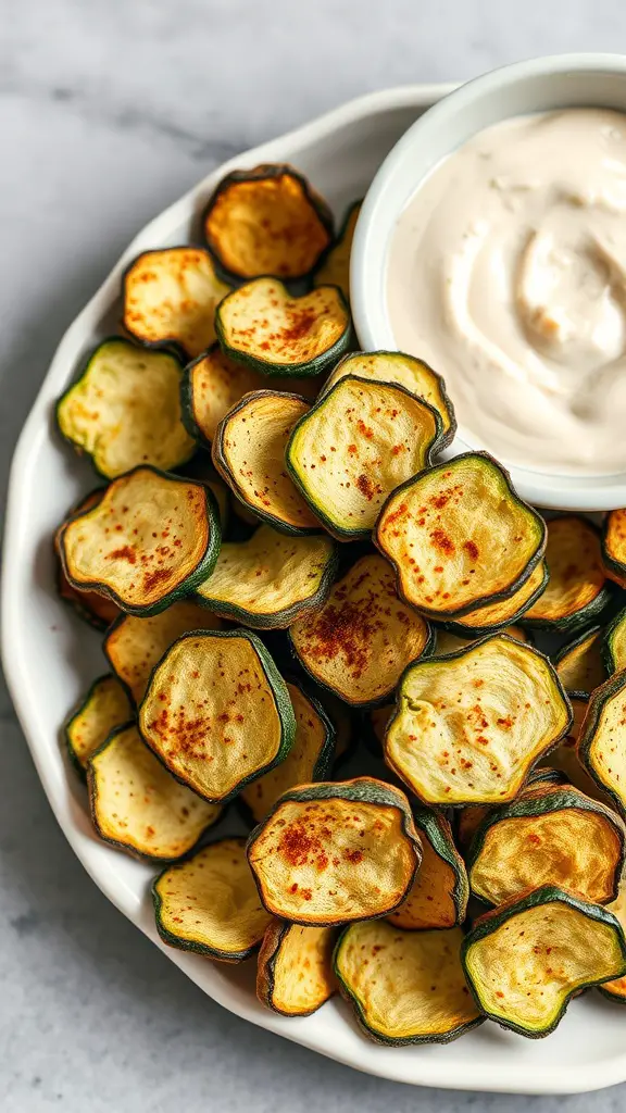 Baked zucchini chips served with a creamy dip