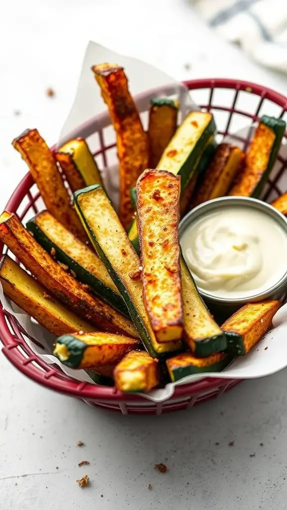 A basket of baked zucchini fries served with a garlic dip.