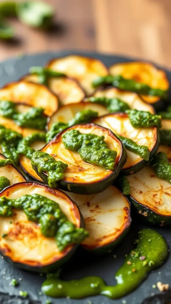 Baked zucchini with pesto drizzle on a black plate