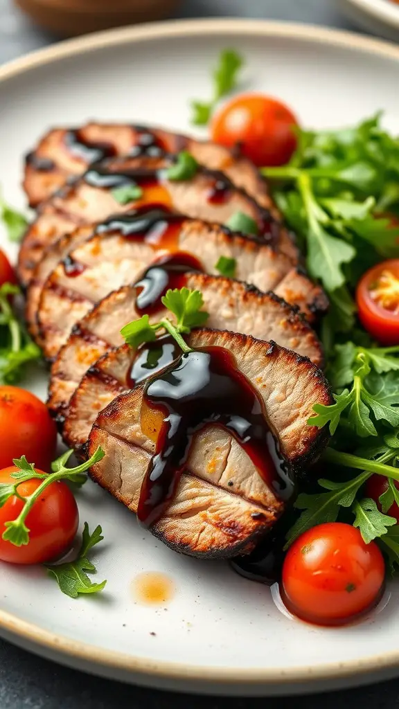Grilled pork tenderloin with balsamic glaze served on arugula and cherry tomatoes.
